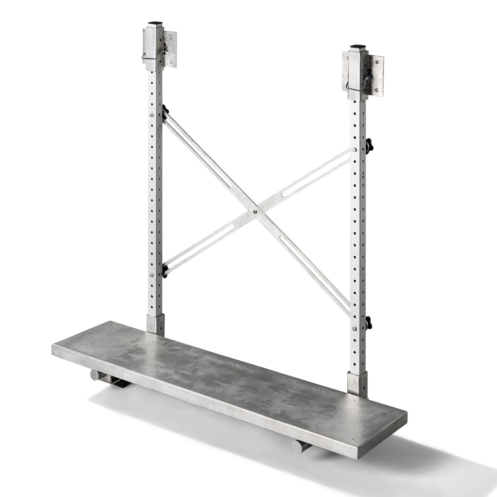 3/4 angle view of The Dock Ledge Pro  - aluminum platform with upright bars and cross bar that connects to your wooden dock.