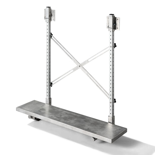 3/4 angle view of The Dock Ledge Pro  - aluminum platform with upright bars and cross bar that connects to your wooden dock.