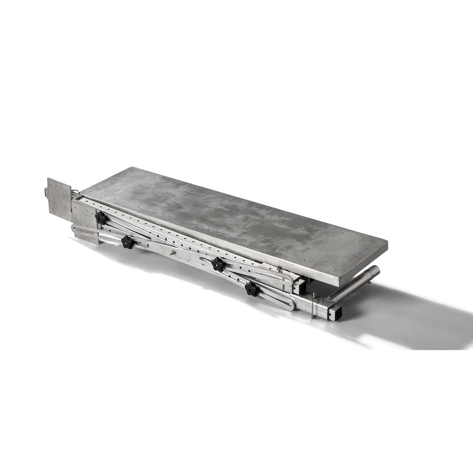 Folded view of The Dock Ledge Pro  - aluminum platform with upright bars and cross bar that connects to your wooden dock.