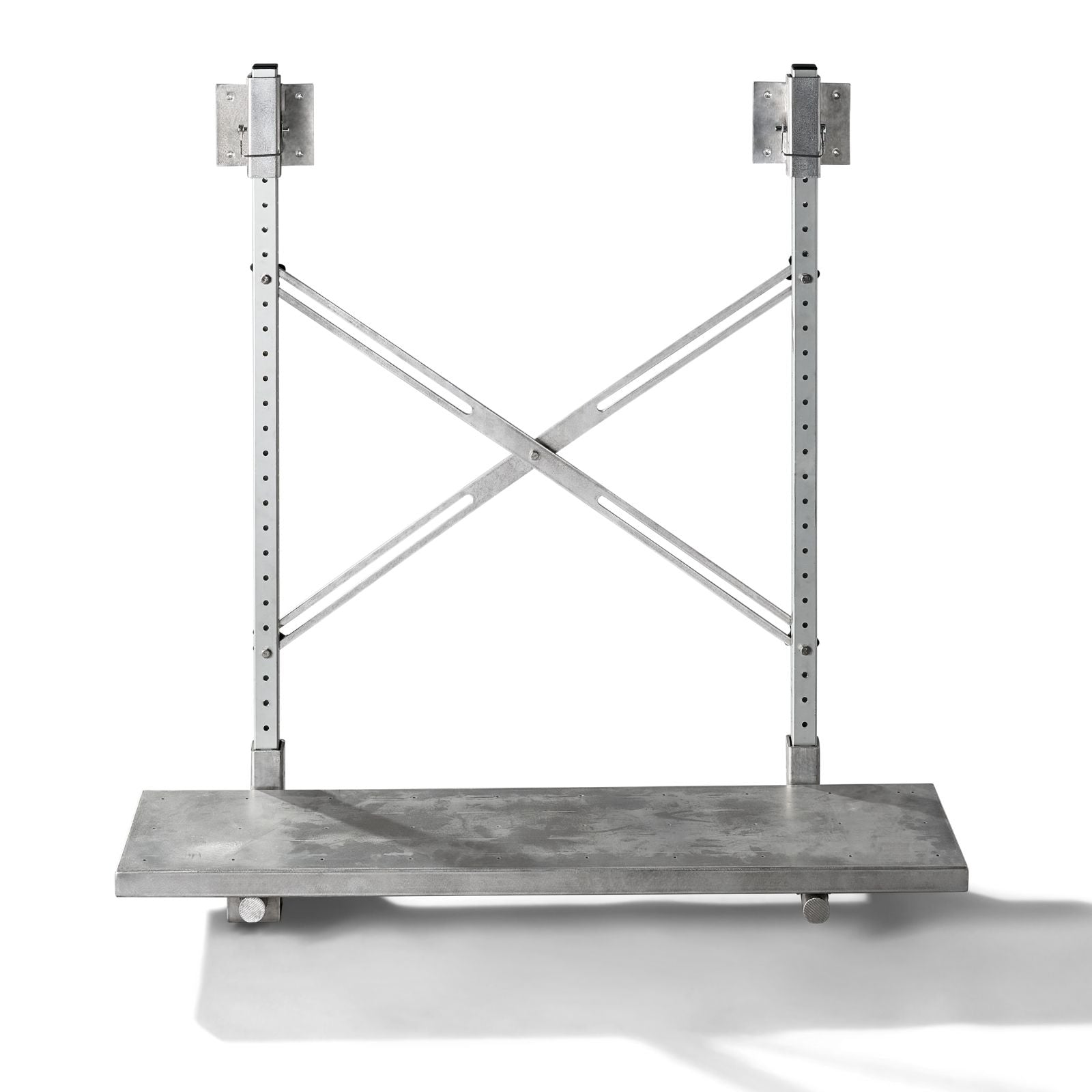 Front view of The Dock Ledge Pro - aluminum platform with upright bars and cross bar that connects to your wooden dock.