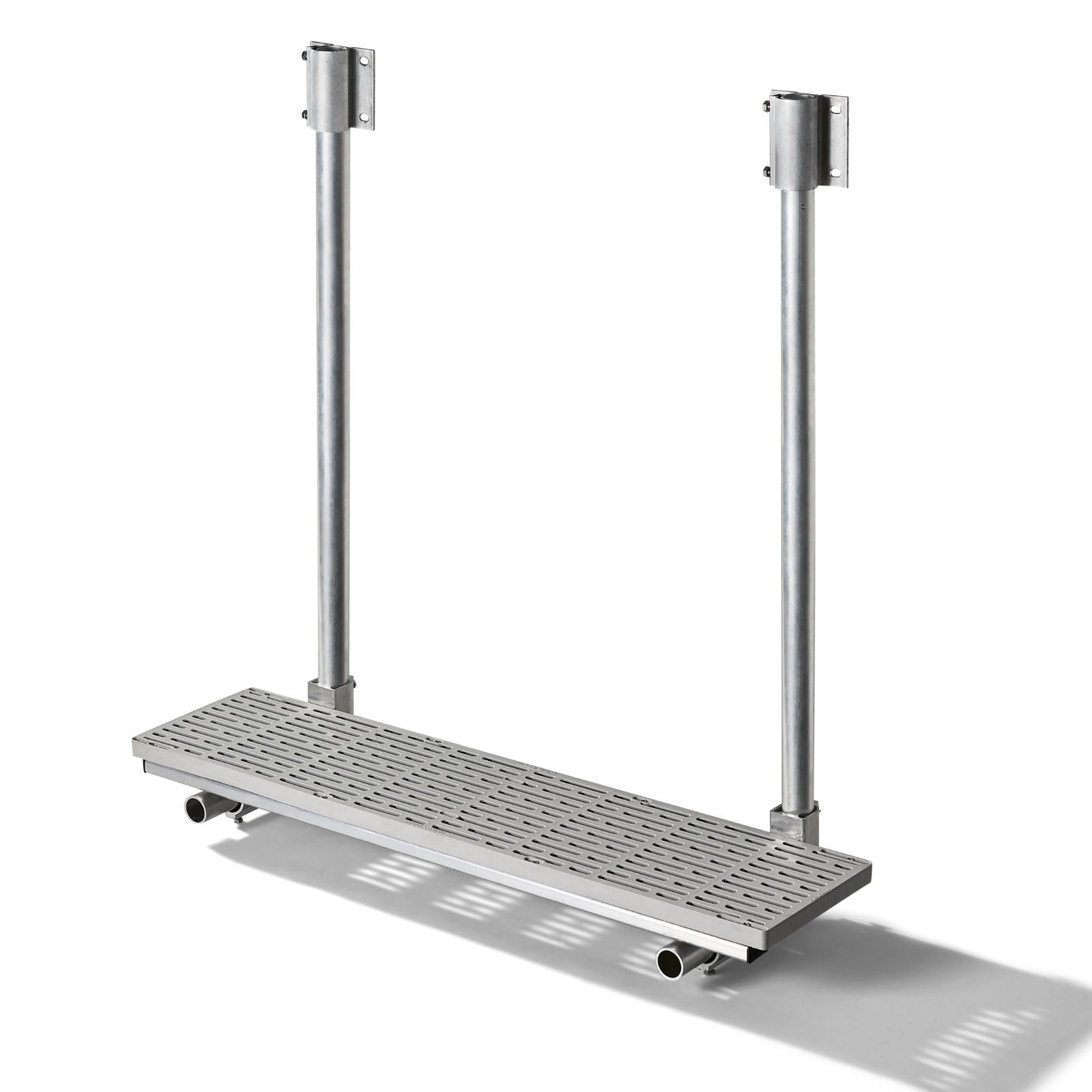 3/4 angled view of The Dock Ledge  - aluminum platform with upright bars that connects to your wooden dock.