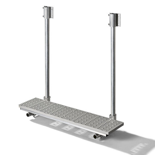 3/4 angled view of The Dock Ledge  - aluminum platform with upright bars that connects to your wooden dock.