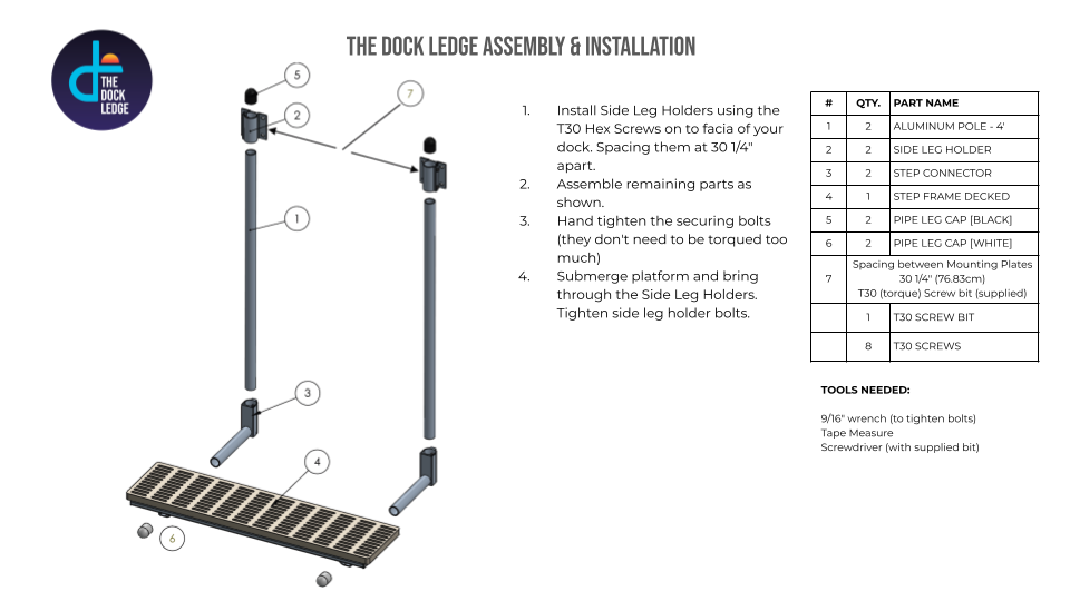 Assembly diagram for The Dock Ledge with labeled parts and installation instructions.