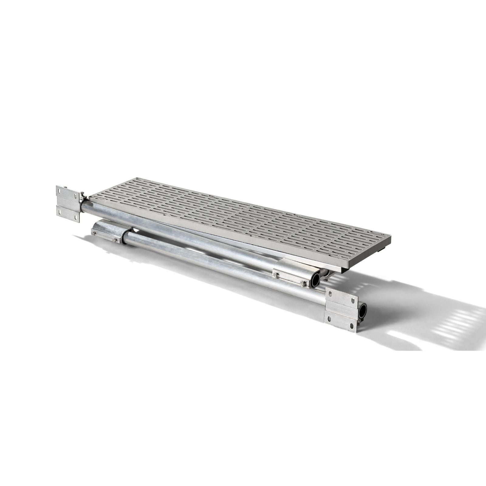 Folded view of The Dock Ledge  - aluminum platform with upright bars that connects to your wooden dock and folds for easy off-season storage.