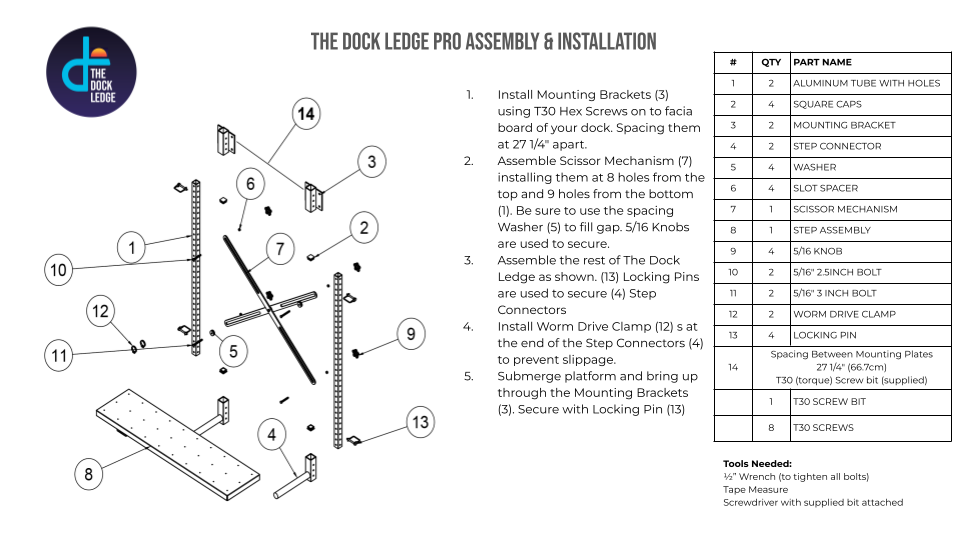 Assembly diagram for The Dock Ledge  Pro with labeled parts and installation instructions.